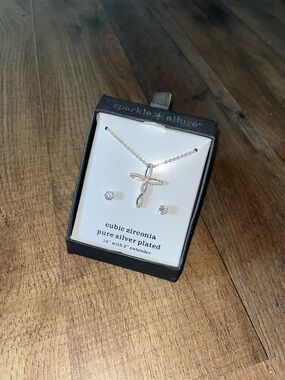 Silver-Plated Cubic Zirconia Cross Necklace & Stud Earrings - Silver